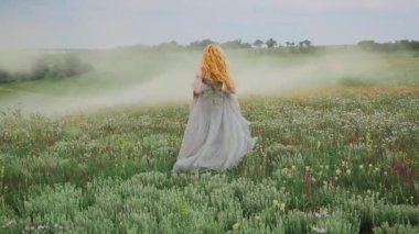 Genç mutlu sarışın kadın kraliçe koşar, yeşil doğada yürür, fırıl fırıl döner, dans eder, gri elbise sallanır. Eski yaz kıyafetleri. Samimi kız prenses gelin. Arka arkaplan