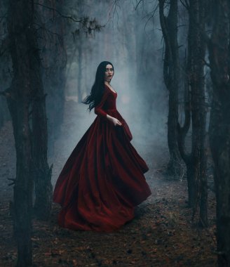 Resim gerçek Gotik kız karanlık sisli orman ağaçlarında koşuyor, kırmızı uzun ortaçağ tarzı uzun elbiseler rüzgarda uçuyor, tren hareket halinde. Fantezi kadın siyah saçlar güzel yüz.