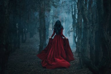 Gerçek sanat fotoğrafçısı Gotik kız karanlık sisli orman ağaçlarında koşuyor, kadife kırmızısı uzun ortaçağ tarzı uzun tren rüzgarı. Fantezi Kadını Siyah saçlar geri görüş perisi prenses.