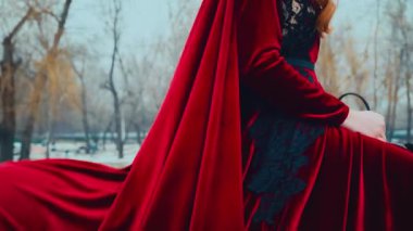 Gürültülü video. Dişi eller dizginleri tutar, yüzü kırpılır. Klasik kırmızı elbiseli ortaçağ prensesi siyah ata biner. Kız binici hareket halinde. Arka planda orman kış doğası