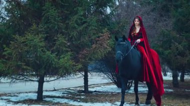 Gürültülü video. Ortaçağ kadın prensesinin yürüdüğü sanat portresi siyah ata biner. Kırmızı pelerinli kız binici. Yeşil ağaçlar ormanları süslüyor kış karları. fantezi kadın 4k