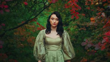Portre fantezi kraliçesi sonbahar orman doğasında yürüyor. Güzel yüz kıvırcık siyah saç. Kırmızı yaprak ağacı. Prenses kız peri elf kameraya bakıyor. Kaliteli, yemyeşil, geniş kabarık elbiseler.