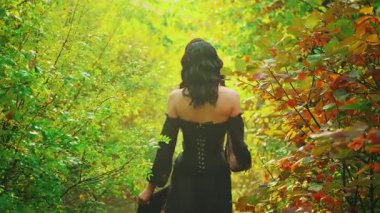 Kraliçe fantezi kadın sonbahar doğa ormanlarında yürüyor. Kırmızı sarı, turuncu, yeşil, yeşil, sihirli güneş ışığı. Gotik seksi prenses kızın eli yapraklara değiyor. Klasik uzun siyah elbise. Arka arkaplan