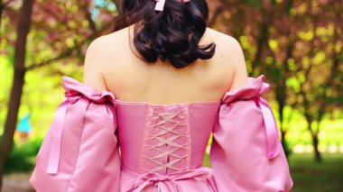 Fantezi kız prenses bahar bahçesinde yürüyor pembe çiçekler, yeşil çimenler yaz parkında. Uzun pembe elbiseli, ortaçağdan kalma eski moda kurdeleli, saçları arkadan görülen kadın kraliçesi. Doğanın tadını çıkar.