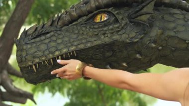 Dişi el okşayan fantezi ejderha, ağızlık yakın plan, antik canavar dinozor, koyu yeşil sürüngen. Arkaplan ormanları doğal yaz mevsimi. Ejderhaların kız kraliçesi peri dünyası. Gotik prenses kadın.