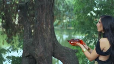 Portre sanatı fantezi kadın savaşçı kraliçe ejderhasını besliyor, düşmanının kalbini elinde tutuyor. Kara kraliçe, kafasını okşayarak hayvanın ağzına sevgiyle dokunur. orman yeşili ağaçlar. Siyah elbise 4K