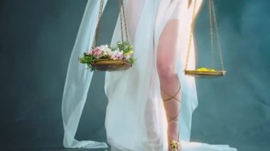 Parlak sanat portresi kadın. Yunan adalet tanrıçası. Ellerinde terazi, sargı bezi bozuk konseptle kapalı gözleri kör ediyor. Seksi kız. Beyaz altın elbise. Rüzgarda uçuşan kumaş. Mavi stüdyo tamamen duman.