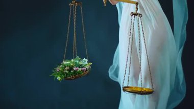 El, parayı pullarda, doğal çiçeklerde ve kılıçta tutar. Adaletin Savaşçı Kadın Tanrıçası. Kör gözlerin kapalı. Beyaz altın elbiseli manken kız. Kuaför saçı rüzgarda uçuşuyor. Siyah stüdyo