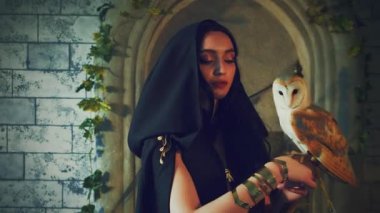  Fantezi gotik kadın cadı beyaz ahır baykuşunu elinde tutuyor. Prenses vampir kız seksi yüzü, karnaval kostümü, kafasında siyah başlık. Eski tarz tuğla duvarlar karanlık gece taht odası. 4k