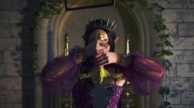 Elinde kılıç tutan Gotik Kraliçe Fantezi sanat portresi. Güçlü savaşçı kız peri elf prenses gülen elf kulakları. Başında siyah altın taç var. Ortaçağ silah bıçağı. Gece Odası Tahtı