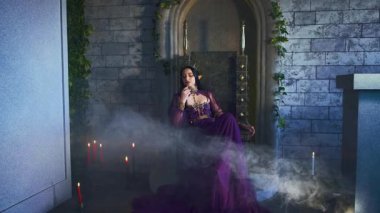 Sanat fantezi perisi kadın kötü elf kraliçesi tahtta oturuyor, siyah, mor, uzun bir elbise. Seksi cadı elf kızı, sivri kulaklı. Gotik Esmer Vampir Prenses, altın taç. Eski tarz gece odası dumanlı.