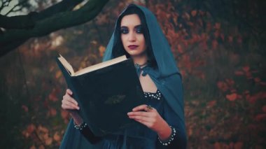 Portre fantezi kadın cadı kameraya bakarak kitabı elinde tutuyor. Koyu mavi elbiseli Peri kız vampir cüce. Doğa sonbahar ormanları. Tatil sanatı makyaj siyah dumanlı gözler kırmızı dudaklar 4k.