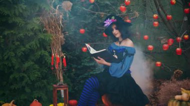 Şirin, güzel, fantezi kadın oturuyor. Büyücü kız Joy sihirli kitap okuyor. Gülen surat. Mumlar yanıyor, duman akıyor. Mavi yaratıcı klasik elbise, siyah külah şapka, sanat çiçekleri. Cadılar Bayramı