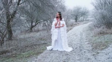 Güzel fantezi kadın kar kraliçesi soğuk ormanda duruyor. Prenses midel gibi poz veren kız elf. Beyaz pelerin, beyaz kuş tüyleri peri masalı gibi giyinir. Kış doğası istifçilik dalları, ağaçlar.