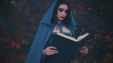 Portre fantezi kadın elinde kitap tutan cadı büyü okuyor. Koyu mavi elbise. Mahalledeki peri kız elf. Doğa sonbahar kara ormanı, ağaçlar portakal yaprakları. Tatil konsepti: Mor renk makyaj