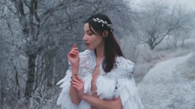 Model gibi davranan güzel, sevimli, genç bir kadın. Muhteşem Kar Kraliçesi. Kuş tüylerinden oluşan yaratıcı karnaval pelerini ışıl ışıl. Gümüş diyabet. Kış kar doğası zemin zemin, don ormanı ağaçları