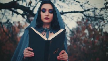Yakın plan portresi güzel mistik ortaçağ fantezi kadın cadısı. Lady Peri Kraliçesi büyük kara büyü kitabı okuyor. Gotik kız. Akşam makyajı, mavi gölgeler. Başında ipek kapüşon. Sonbahar doğa orman ağacı