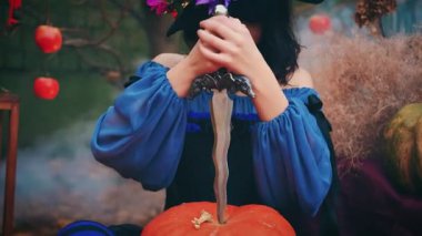 Portre fantezisi mutlu kadın cadı hançer bıçak tutuyor Cadılar bayramı için balkabağı oymaya hazır. Neşeli kız yaratıcı kostüm siyah mor külah şapka. Gülen yüz sanat makyajı. Sonbahar doğası