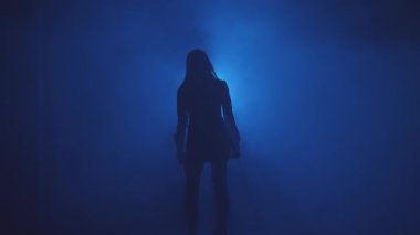 Karanlık siluet fantezi kadın suikastçi elinde iki katana sallayarak havayı kılıçla kesiyor. Siyah arka plan mavi ışık tam duman. Peri tanrıçası savaş elfi kız silahlı bayan prenses.