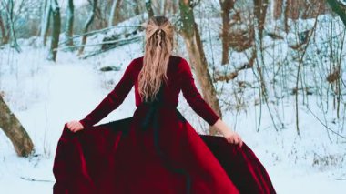 Fantezi mutlu kadın gülen yüz ormanın derinliklerinde koşuyor. Kara ağaç donla kaplı, eski tarz kırmızı tren elbisesi rüzgarda süzülüyor. Kız kışın tadını çıkarıyor. Soğuk beyaz kar. arka plan sanatı 4k