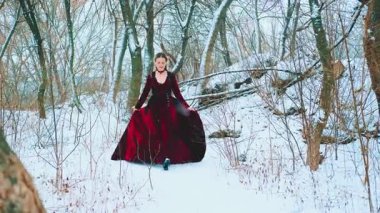 Fantezi kadını mutlu kadın kraliçe kar altında kış ormanlarında yürüyor. Soğuk karlı doğa, beyaz kar, siyah ağaçlar. Moda mankeni kız peri prenses. Klasik tasarım kadife uzun, sıcak kırmızı elbise 4K