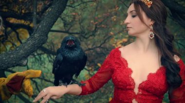 Açık gagalı, saldırgan, dev bir kuzgunla ateş ediyorlar. Deri eldiven eğitmeni kuşa gagalamamayı öğretiyor. Korkmuş model kuşu elinde tutuyor. Muhteşem fotoğraf çekiminin sahne arkasında doğa.