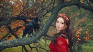 Kırmızı elbiseli alımlı şık bir kadının portresi. Kadın büyük bir kuzgunun dalında, ağacın yanında duruyor. Arka plan sonbahar doğası, turuncu sonbahar yapraklarıyla siyah dallar yeşil çimenler üzerinde. film güzel sanatlar rengi