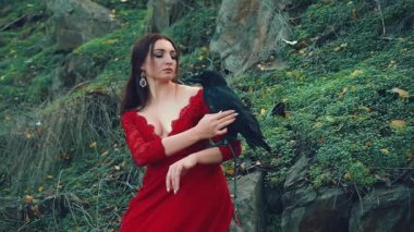 Kolunda kuzgun olan ormanın lüks perisi. Uzun yakalı, kırmızı, lüks elbisesi olan çekici bir kadın trenin şefkatli kuşunu okşuyor. Taş taşlı yeşil çimenler. Vahşi yaşam özgürlüğü