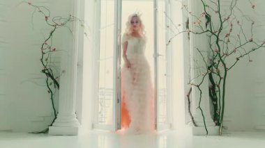 Güzel, yumuşak, seksi, kraliçe balkon açık. Bayan prenses, beyaz oda iç kısımlarında çok renkli balonların tadını çıkarıyor. Uzun, kabarık pembe bir elbise. Sarışın, gevşek saçlı. Kaliteli lüks parlak taç.