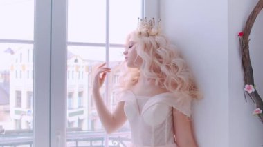 Peri masalı hüzünlü kadın perisi şehir manzarasından hoşlanıyor. Arkaplan siyah ağaç dalları çiçekler beyaz peri masalı odası. Güzel, pembe, sihirli, lüks elbise. Prenses saç stili sarı dalgalı saçlar. Parlak kaliteli taç.