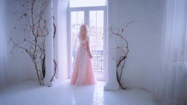 Siluet güzel bir kadın. Sarışın, uzun saçlı, kafasında altın taç olan. Üzgün Prenses pencereye dokunuyor. Pencereden dışarı bak. Rehine kalesi Evde kalmak için karantina kavramı. Sıkıntıdan deliye dön..