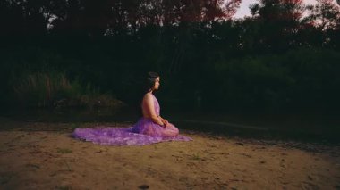 Fantezi kadın elf kraliçesi nehir kıyısında oturuyor, uzun mor elbiseli arka manzara. Yaratıcı peri kız kostümü. Yazın karanlık doğası göl gölü gökyüzü kırmızı günbatımı ilahi güneş ışığı sanat 4k