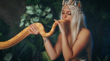 Yılanla poz veren manken, çekim süreci. Kadın beyaz süt boa yılanına dokunuyor. Fantezi aşüfte kız, sarışın, uzun saçlı. Gümüş kostüm. Arkaplan yeşil tropikal tahtlar