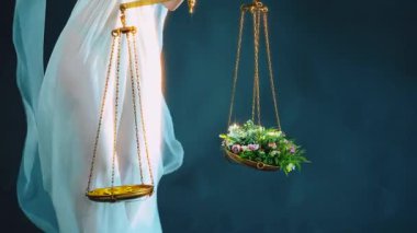 Kız eli pullarda, doğal çiçeklerde ve kılıçta para tutuyor. Adaletin Savaşçı Kadın Tanrıçası. Kör gözlerin kapalı. Beyaz elbiseli kumaş saçlar rüzgarda uçuşuyor. Barış ya da altın sikkeler, şeytani yozlaşma