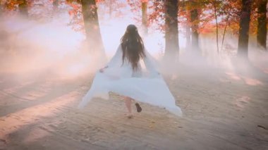 Fantezi kraliçesi sonbahar ormanlarında koşar. Uzun, zarif, beyaz, ipek elbisesi olan, rüzgarda uçuşan klasik kumaşlı bir bayan. turuncu ağaç. Güneş battı, geri döndü. Dişi elf tanrıçası. Yavaş çekim