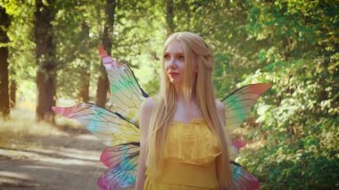 Peri kostümlü mutlu, fantezi sarışın kadın portresi, çok renkli kelebek kanatları. Elf kızı prenses yaz güneşli yeşil ormanda yürüyor. Yüzünde gülümseme. Yaratıcı fantastik kıyafetler, saç stili..