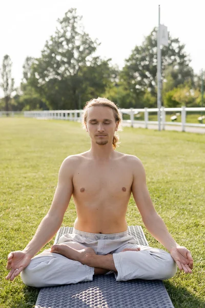 shirtless man in linen pants meditating in lotus pose while sitting on yoga mat with closed eyes outdoors