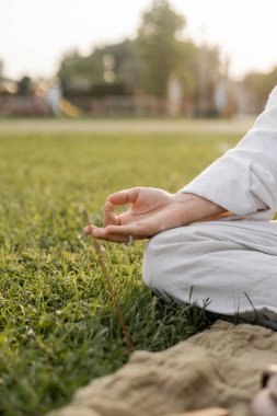 Beyaz keten elbiseli bir adamın yeşil çimen tarlasında otururken Gyan Mudra jesti ile meditasyon yapması.