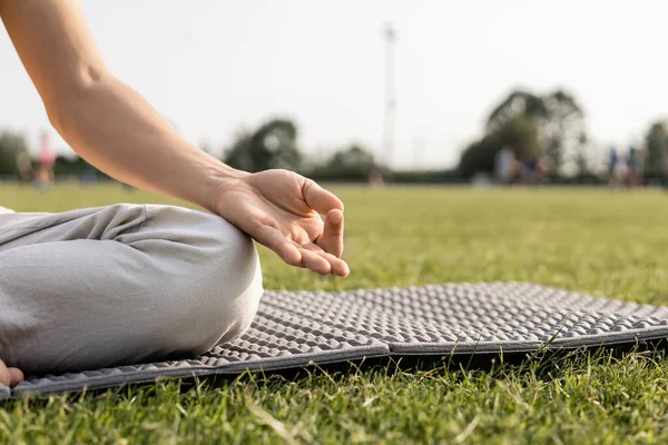 Vista parcial del hombre meditando con gyan mudra gesto sobre esterilla de yoga en campo verde - foto de stock