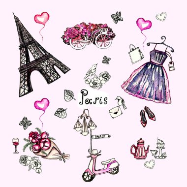Eski Paris resimlerinin suluboya seti. Romantik, sevgililer günü. El çizimi eskiz, aşk seti pembe koleksiyonlar..