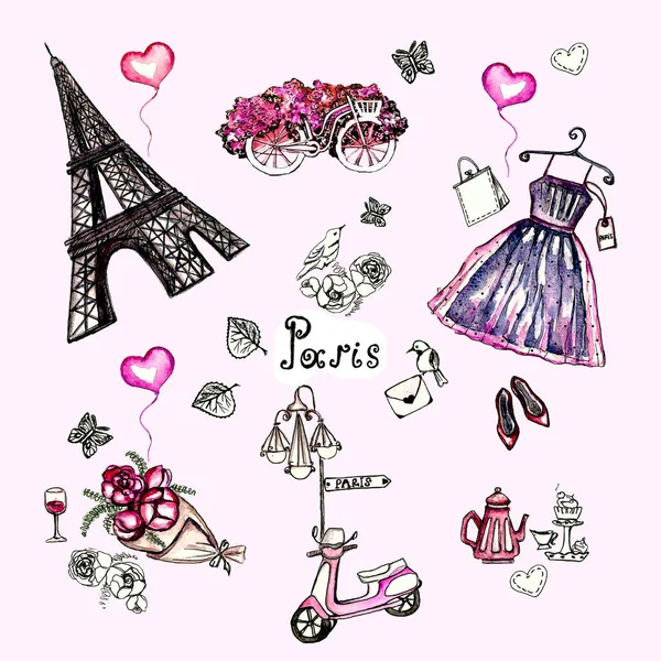 Watercolor Set Vintage Paris Illustrations Romantic Valentines Day Hand Drawn — Stock Photo, Image