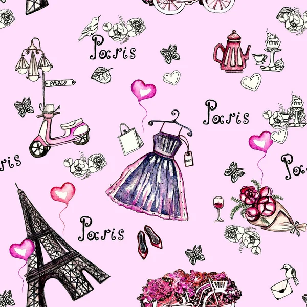 Watercolor Seamless Pattern Eiffel Tower Hearts Dress Bicycle Floral Elements — Stock Photo, Image