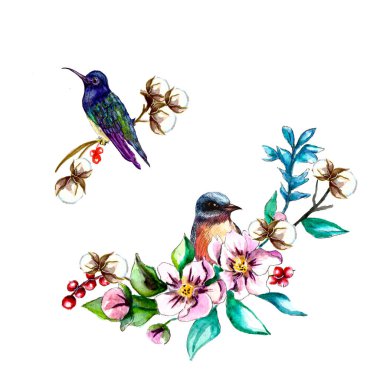 Watercolor hand drawn illustration of blooming flowers with birds. Watercolor bouquet with bird and cotton brunch.