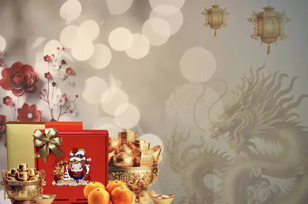 中国の正月のお祝いのためのオースティンレッドギフトボックスは バナーのコピースペースに黄金のドラゴンが表示されます 抽象的 背景的なコンセプト — ストック写真