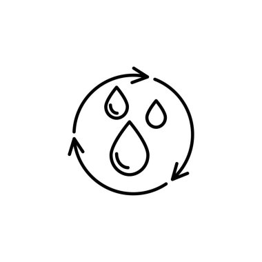 Su damlası ikonu. Su ikonunu geri dönüştür. 2 senkronize okla su damlası. Tek siyah yuvarlak sıvı geri dönüşüm simgesi. Gezegen bio-koruma çemberi düz tasarımı. Vektör EPS 10. Beyaz arkaplanda izole