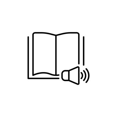 E-kitap dinleme çizgisi simgesi. Mobil konsept ve web tasarımı için doğrusal biçim işareti. Ses kitabı hoparlörü vektör simgesini özetliyor. Sembol, logo çizimi. Vektör grafikleri