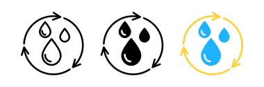 Su ikonunu geri dönüştür. 2 senkronize okla su damlası. Tek siyah yuvarlak sıvı geri dönüşüm simgesi. Gezegen bio koruma çemberi düz tasarım