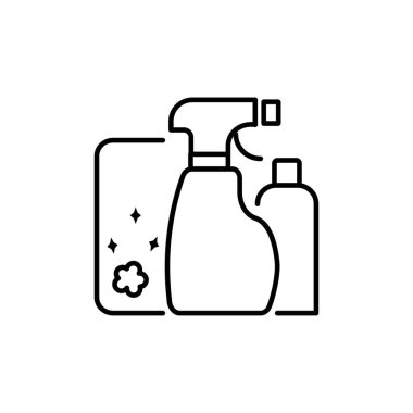 Temizlik ürünleri doğrusal simgesi. Temizlik malzemeleri, ev temizliği ve ev idaresi ince çizgiler, kişiselleştirilebilir illüstrasyon. Contour sembolü. Vektör izole çizim. Düzenlenebilir vuruş