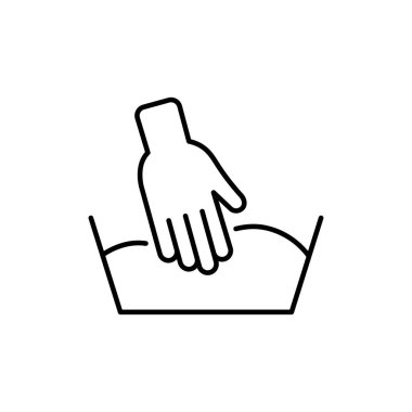 El yıkama bezi ikonu, sadece hassas çamaşırlar, sabun suyu dolu leğen, beyaz arka planda ince çizgi ağ sembolü - düzenlenebilir felç vektör çizimi