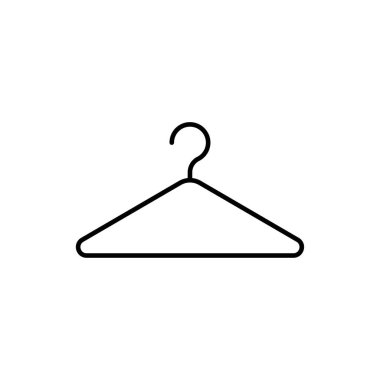 Elbise askısı siyah çizgi ikonu. Trempel rozeti. Moda düz izole edilmiş ana hat sembolü, resim, bilgi, logo, mobil, uygulama, pankart, web tasarımı için kullanılan işaret